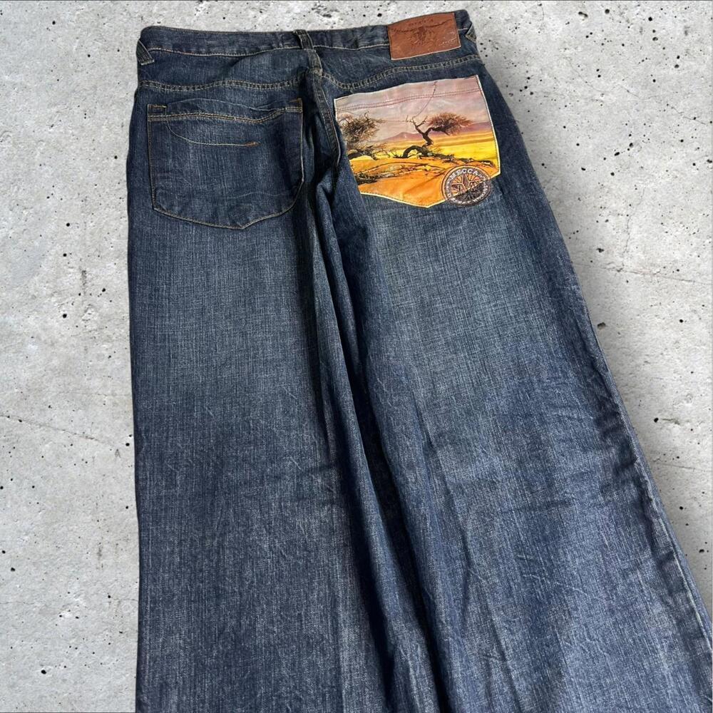 Vintage Mecca Jeans Mens Baggy Wide Leg Embroidered Hip Hop Skater 90s Y2K 34x34